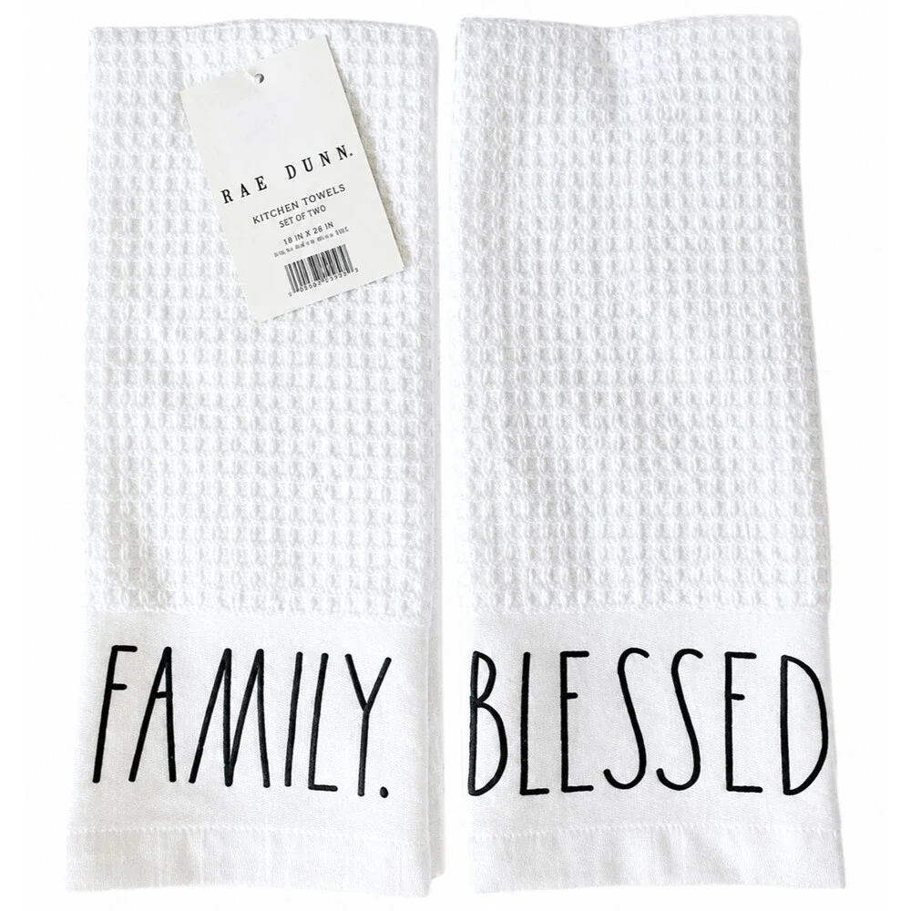 Rae Dunn Kitchen Dish Towels Set of 2 Embroidered Blessed Family White Woven